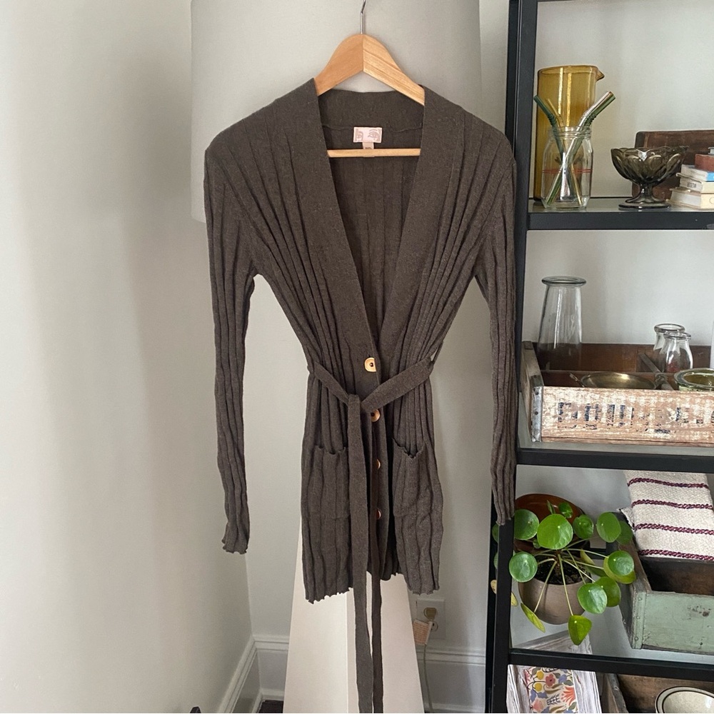 Parkvogel long sleeve ribbed cashmere brown cardigan sweater tie belt pockets 2